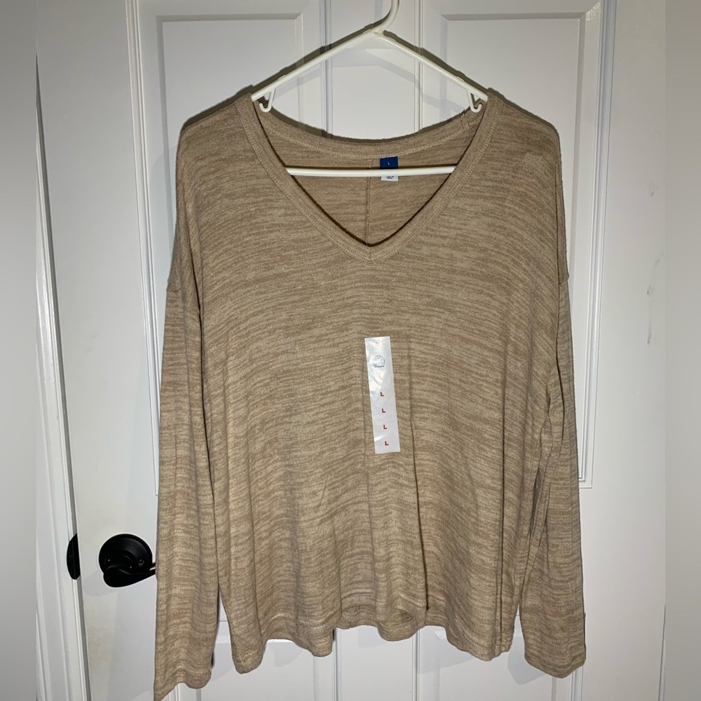 Old navy long sleeve wide v neck soft material tan top long shirt